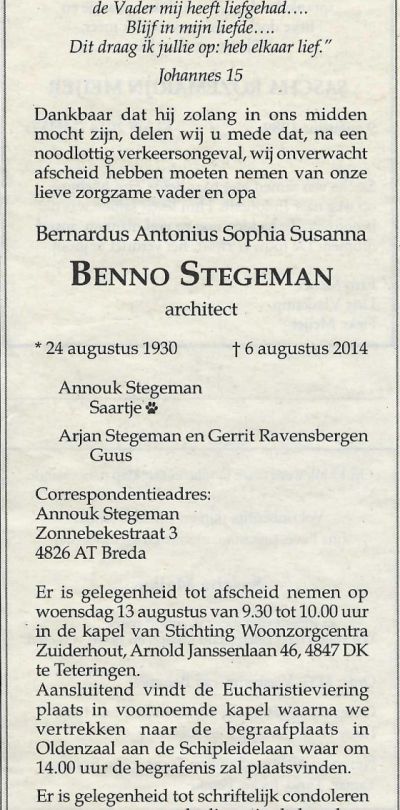 overlijdensadvertentie benno stegeman